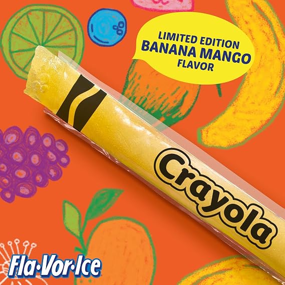 Crayola Fla-Vor-Ice Popsicle Variety Pack of 2 Oz Freezer Bars, Assorted Flavors, Banana Mango, Strawberry, Berry Punch, Orange, Grape, Lemon-Lime 96 Count