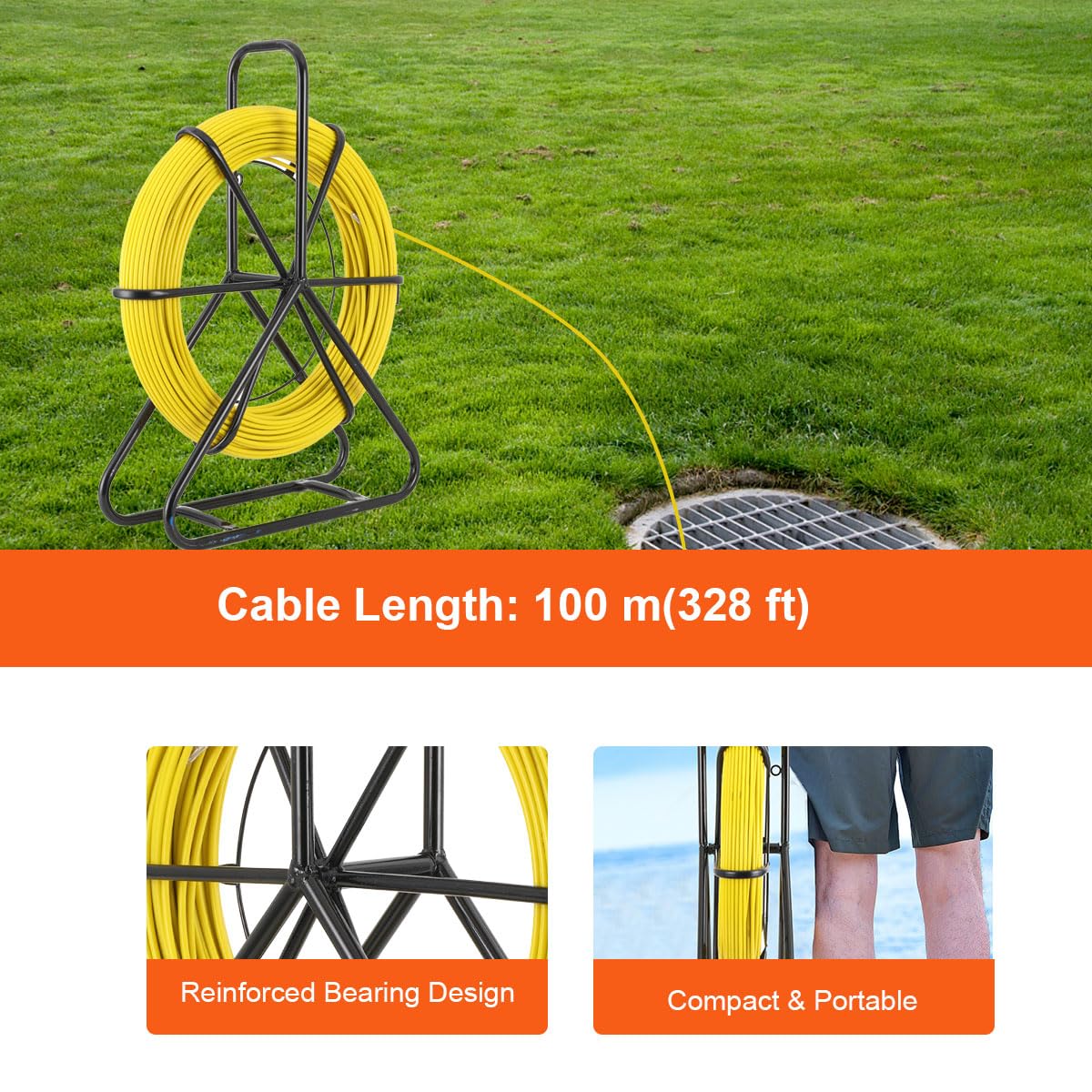 Rodador de Conducto de Fibra de Vidrio 6x100M con Soporte de Acero y Freno Herramienta de Instalación de Cable Eléctrico de Fibra de Vidrio con Jaula y Soporte
