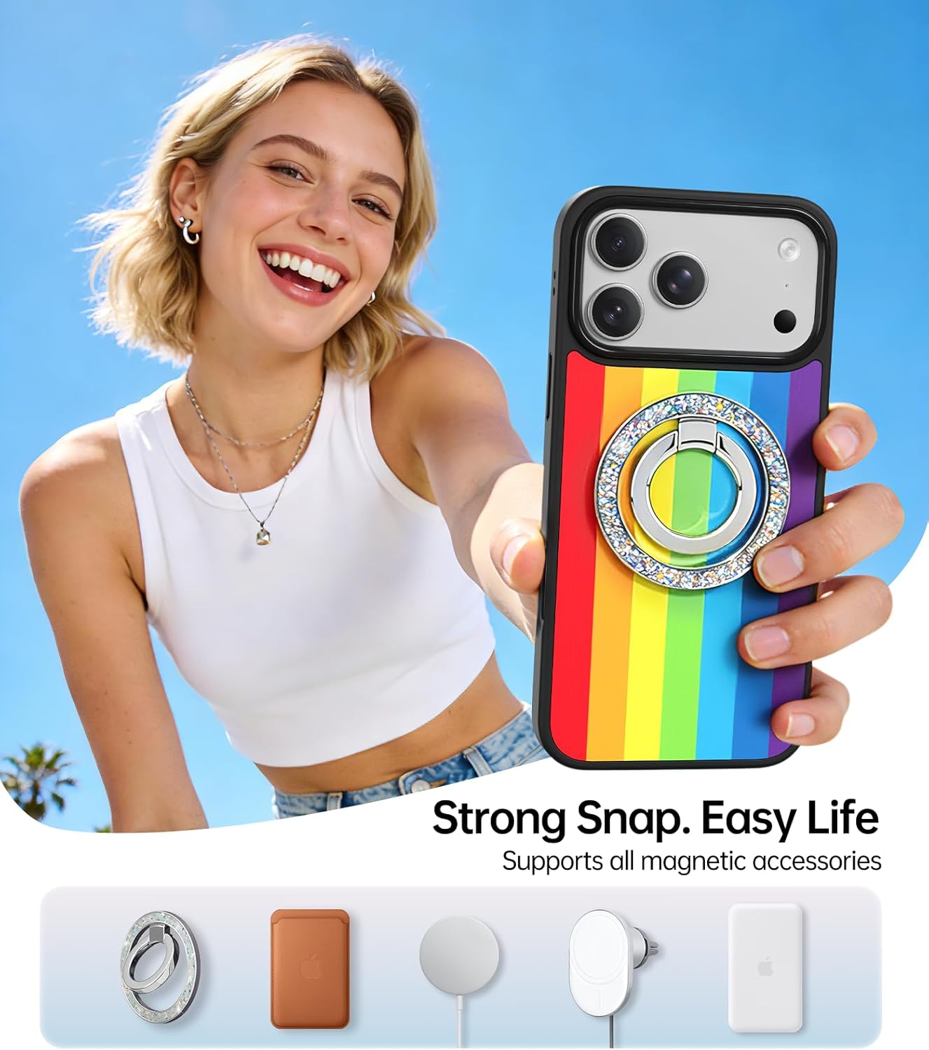 Magnetic Stripes Case for iPhone 13/14, Cute Aesthetic Striped Case for Women Men Girls, Compatible with MagSafe Slim Hard Shockproof Phone Case, Rainbow