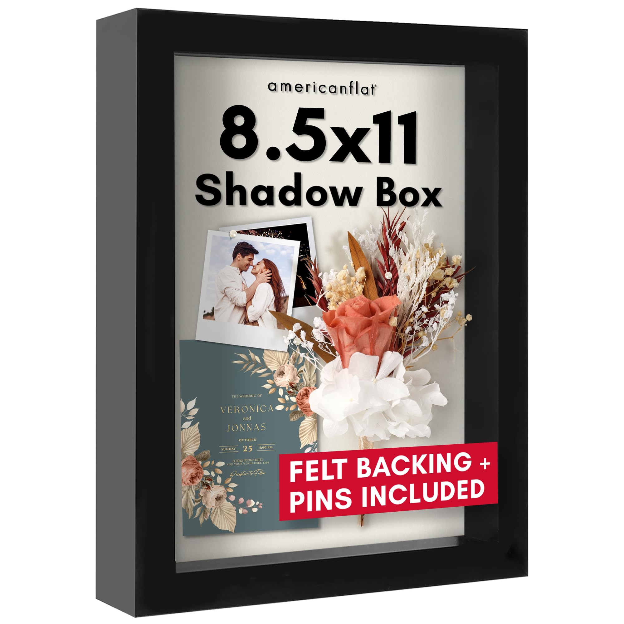 Americanflat 8.5x11 Shadow Box Frame with Shatter-Resistant Glass - Silhouette Collection - Large Shadow Box Display Case for Tabletop and Wall Display - Black with Soft Felt Back