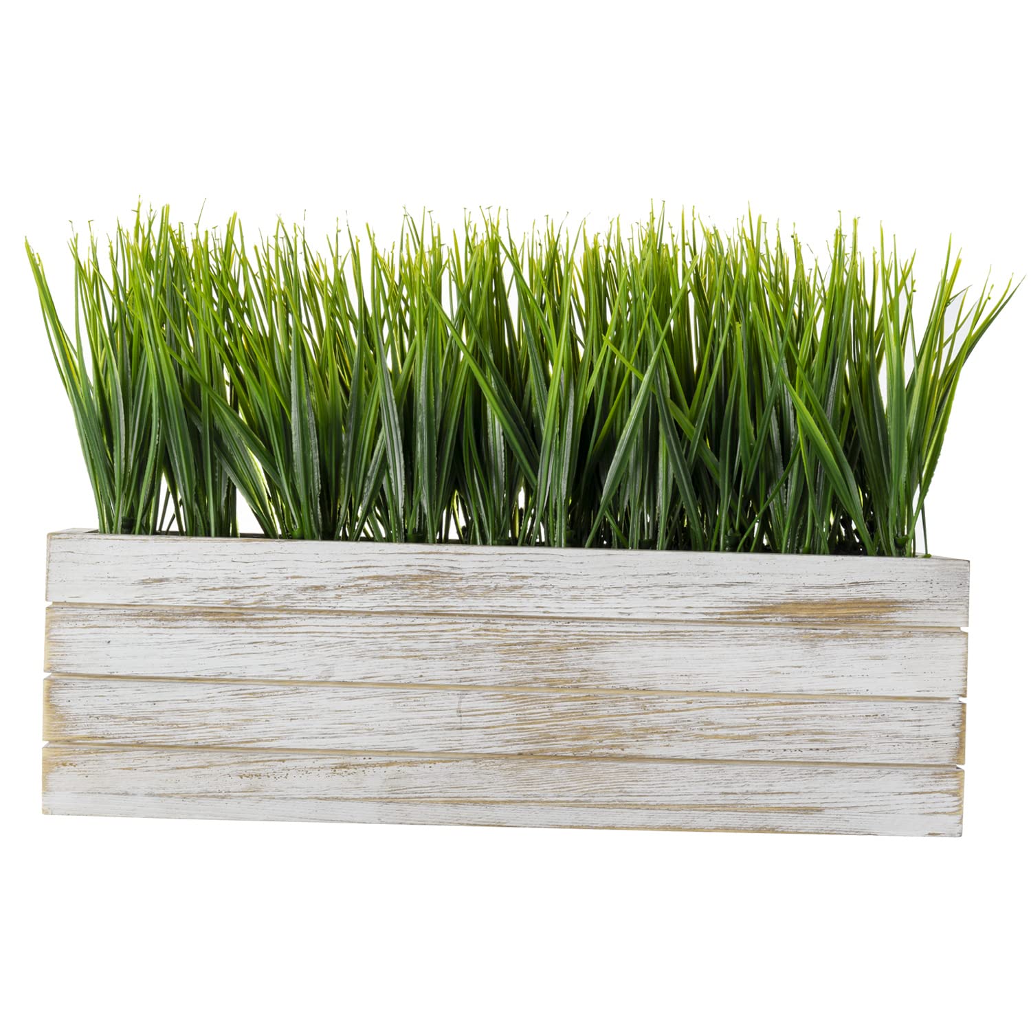 MyGift 14 Inch Artificial Green Grass Plant in Shabby White Washed Wood Planter Window Box - Faux Greenery in Rectangular Crate Style Wooden Container