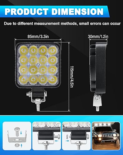 Miniatura 5 de SKYWORLD Mini luces LED de 4 pulgadas y 48 W, paquete de 2 luces de trabajo todoterreno  6000 K blanco para camiones, cuatrimotos, UTV, SUV,
