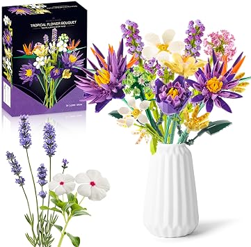 Flowers Building Blocks Set, DIY Purple Botanicals Bouquet Lily, 13 Collection Building Kit, Gifts for Mother s Day/Anniversaries/Birthday/Decor, Artificial Flowers for Adults Women Mum Wife Kids 8+