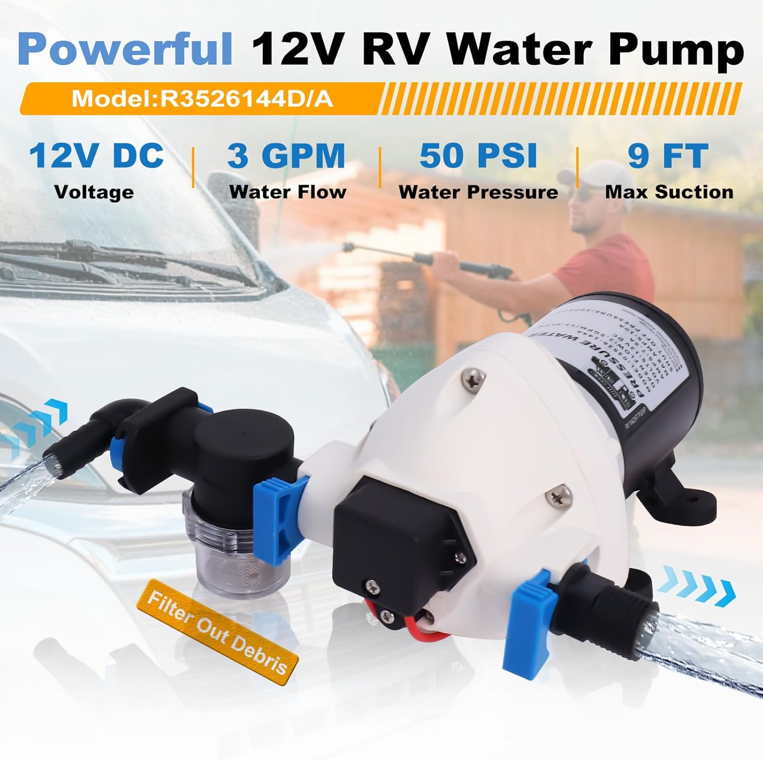 Upgraded R3526144D RV Water Pump, 3.0 GPM 50-PSI 12V DC Triplex Diaphragm Self-Priming Water Pump with Strainer and Pressure Switch for RVs Boat Yacht Caravan (White)