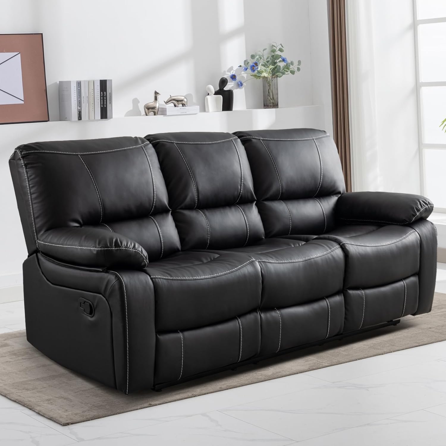 EBELLO Faux Leather Manual Recliner Sofa, Overstuffed