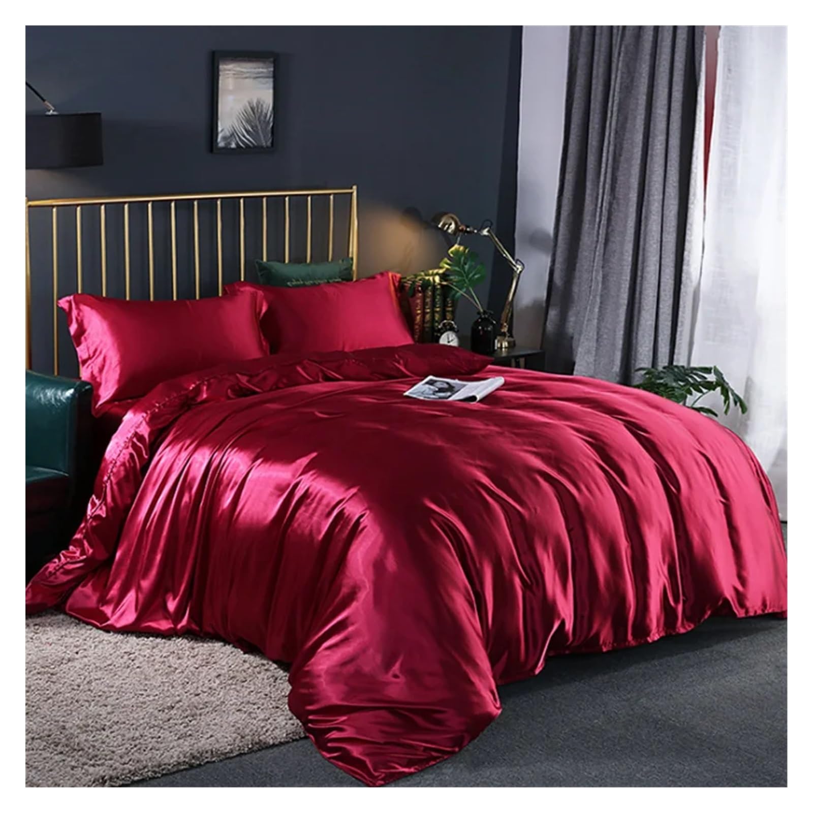 Parure de lit rouge 153x230 cm avec housse de couette satinée douce et zippée