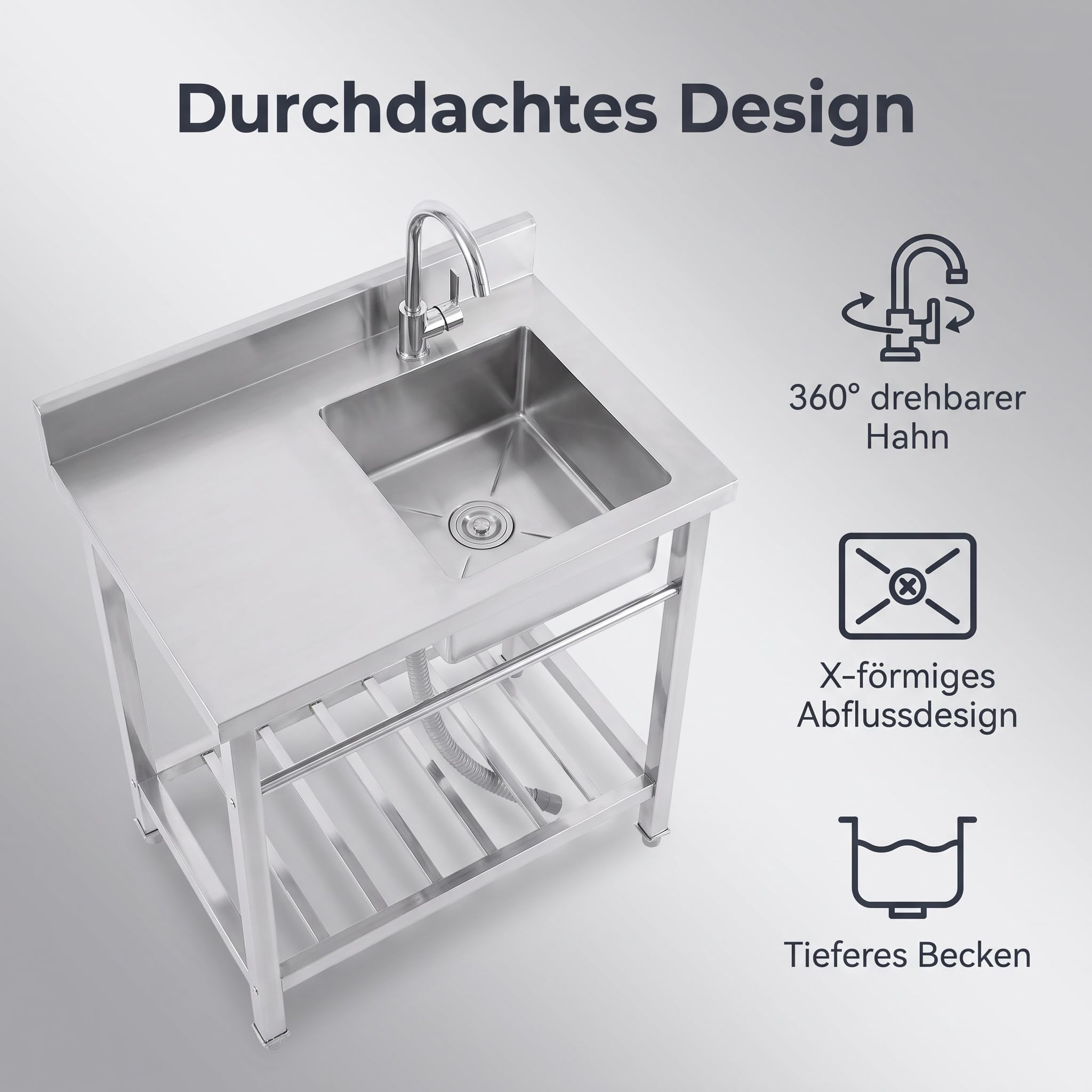 Freistehende Küchenspüle Edelstahl Spülbecken, Multifunktions Spüle mit Wasserhahn mit Kalt und Warmwasserschläuchen, 80×55×92 cm Gewerbliche Spülbecken, Tragfähigkeit 99.8 kg für Außen, Lnnen, Küche,