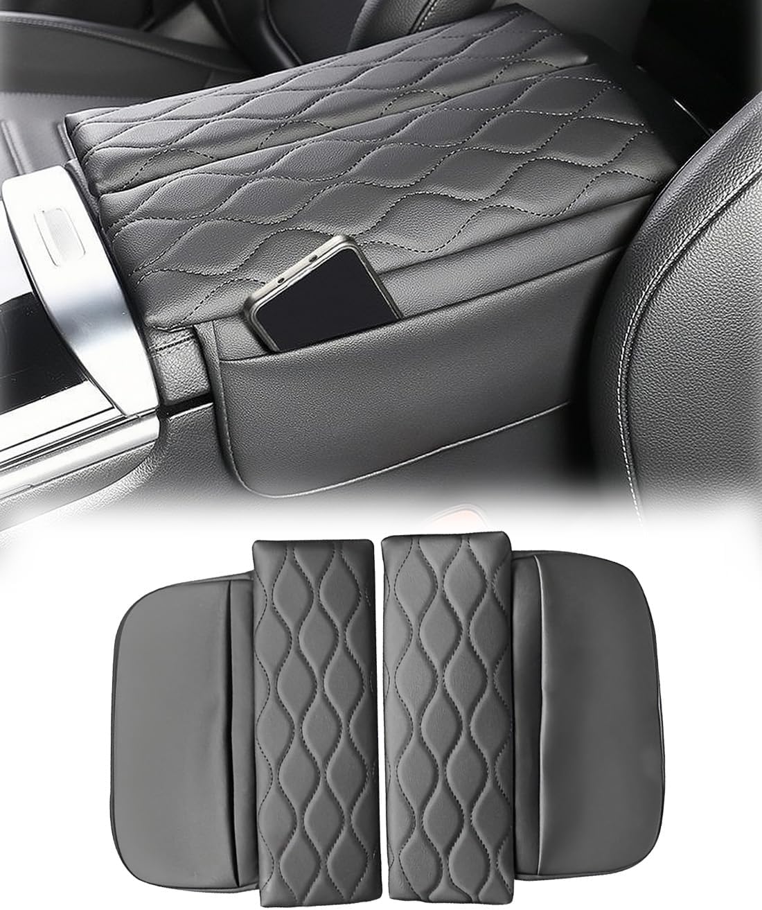 Egreat Center Console Armrest Cover for Mercedes Benz GLC X254 350e 300 2023-2025, C Class C300 2022-2025, Leather Armrest Console Cover with Side Storage Pockets for GLC 2023-2025-Black