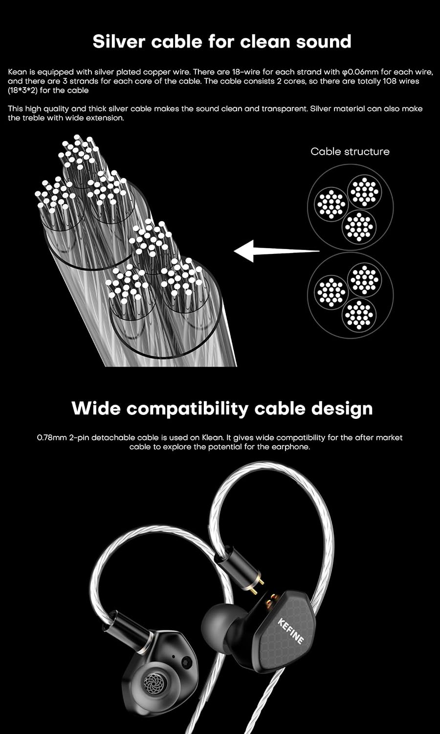 KGUSS KEFINE Klean HiFi Wired in-Ear Monitors, 10mm DLC Diaphragm Dynamic Driver in Ear Earphones, with 0.78mm 2-pin Detachable Silver-Plated Cable, Gaming Earbuds (No Mic 3.5mm, Black)