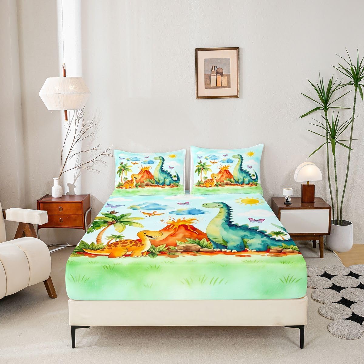 Erosebridal Kids Boho Dinosaur Fitted Sheet Queen Cute Watercolor Dino Bed Sheets Tropical Plants Volcano Peel Bedding Set for Kids Teens Cartoon Dinosaur Themed Bed Cover 3 Pcs