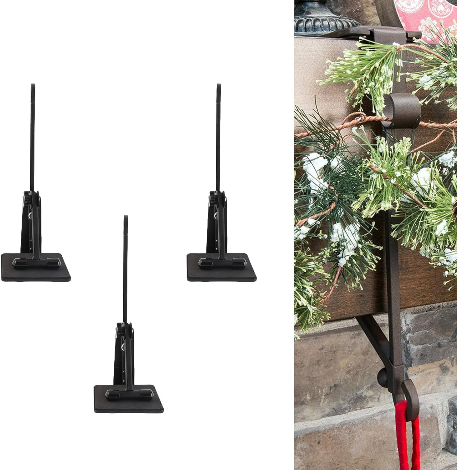 Fireplace Wreath Hook, Fireplace Hanger Hook, Heavy Duty Wrought Iron Garland Hooks with Stocking Holder, Ideal for Xmas Home Party