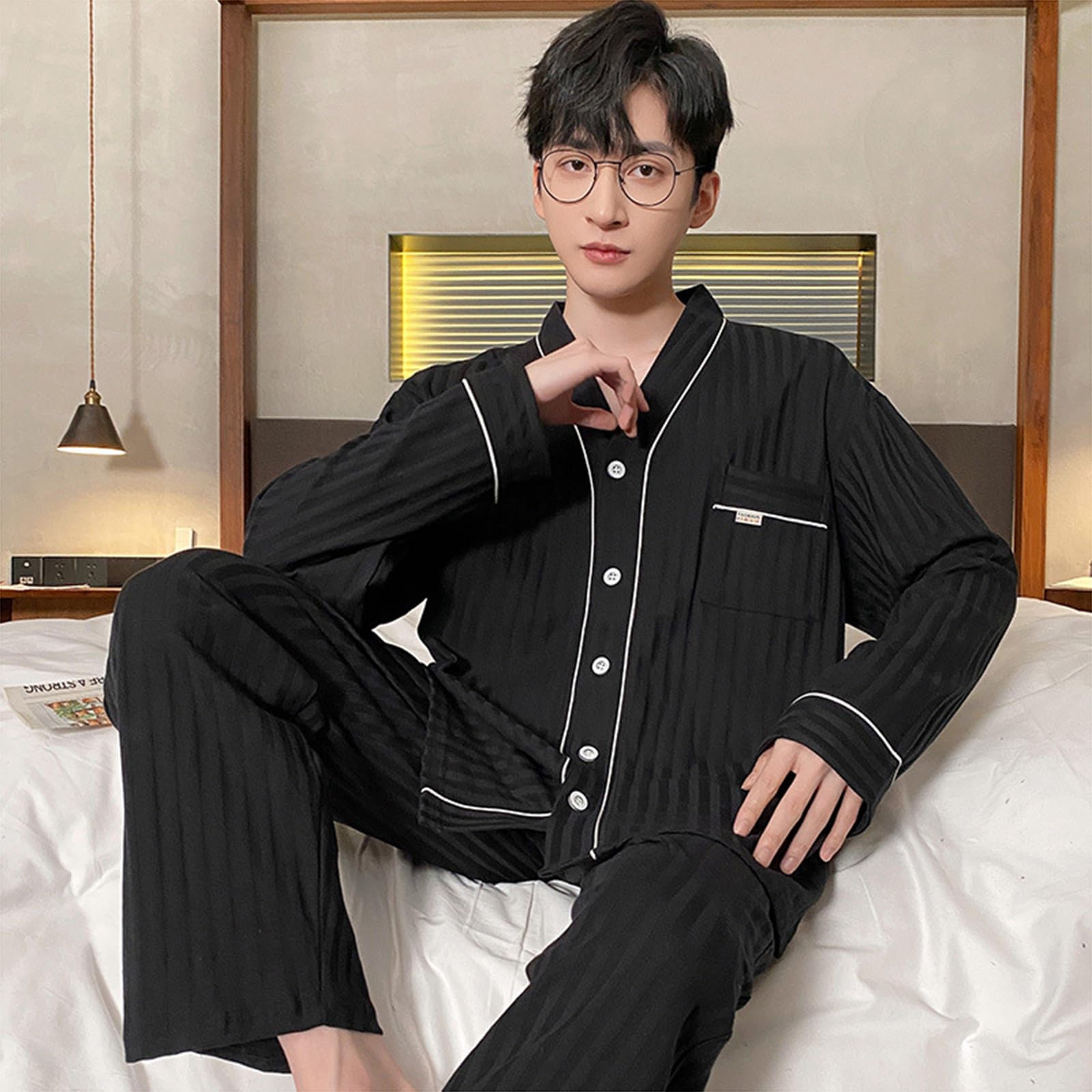 Pigiama da Uomo Set Scollo a V Manica Lunga Button Down Pigiameria Loungewear Misto Cotone Pjs Set L-3XL