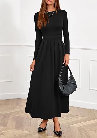 BTFBM Long Sleeve Dress for Women Spring Clothes 2026 Pockets Business Casual Pleated Fall Wedding Guest Dresses