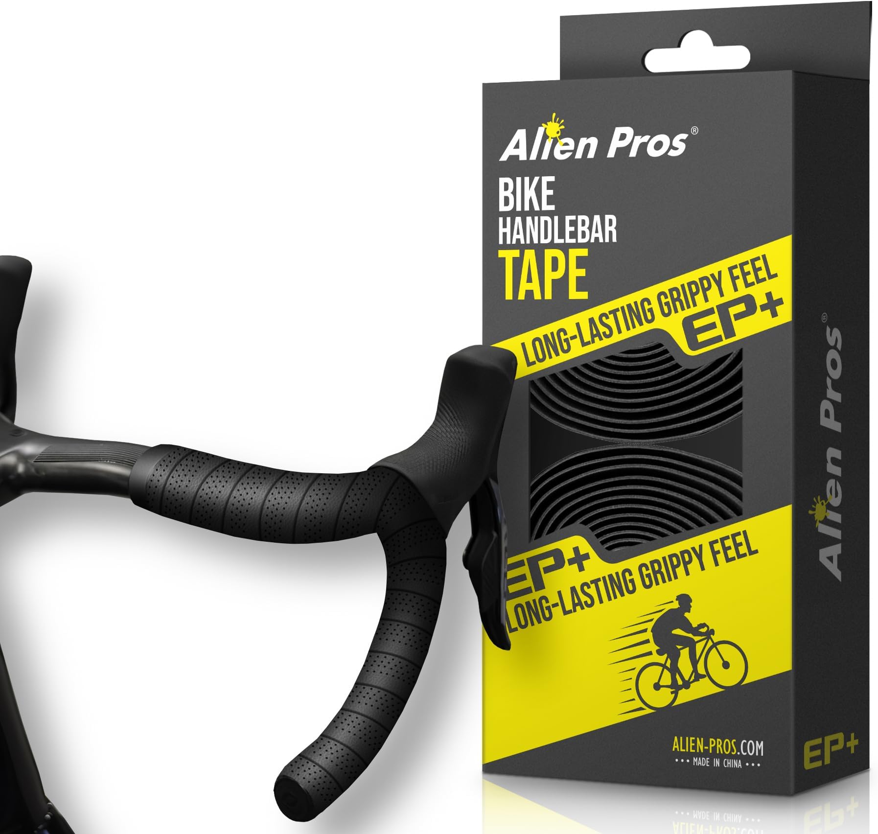 ALIEN PROS Bike Handlebar Tape Black NEW Model EP+ (Set of 2) - Wrap Your Bike for an Awesome Comfortable Ride - Enhance Your Bike Grip with These EVA PU Plus Bicycle Handle bar Tape, Black