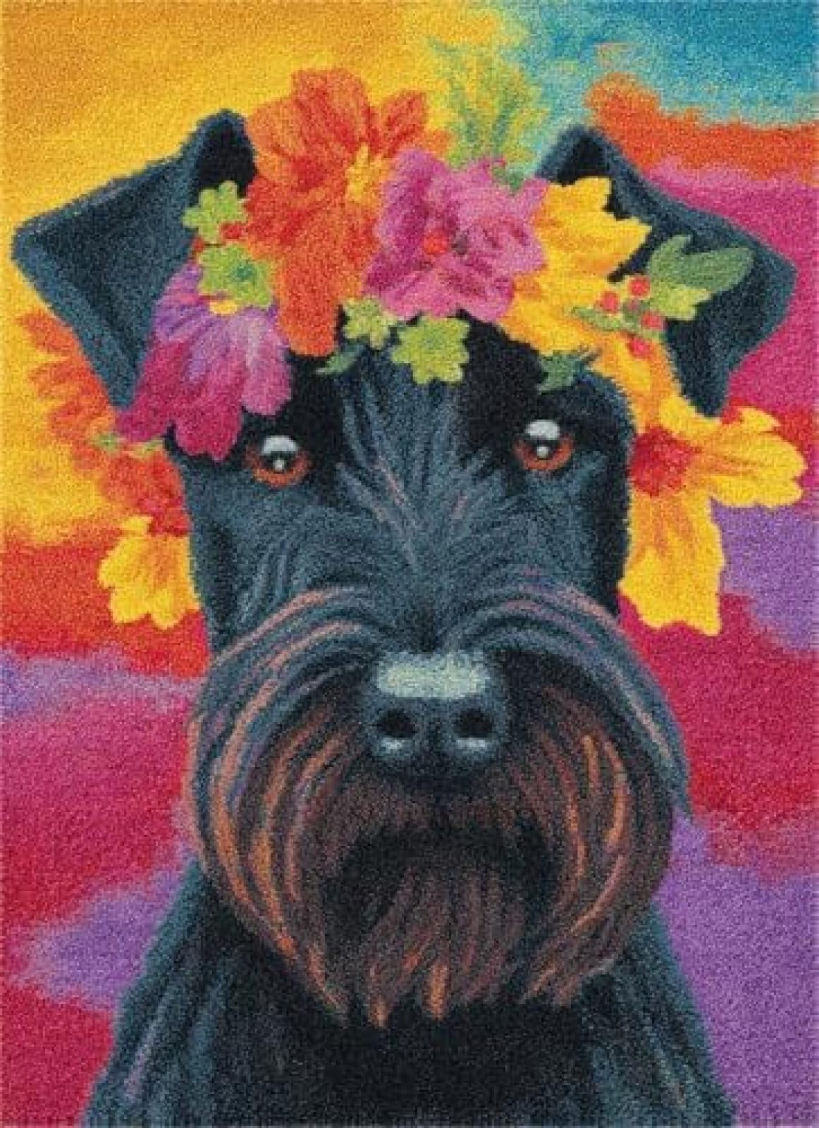 XDEGHUANGSS Latch Hook Rug Kit Giant Schnauzers Dog Puppy Wear Flower Wreath Cushion Cover DIY Craft Set Pre-Printed Mat 38x52cm for Home Decor-2