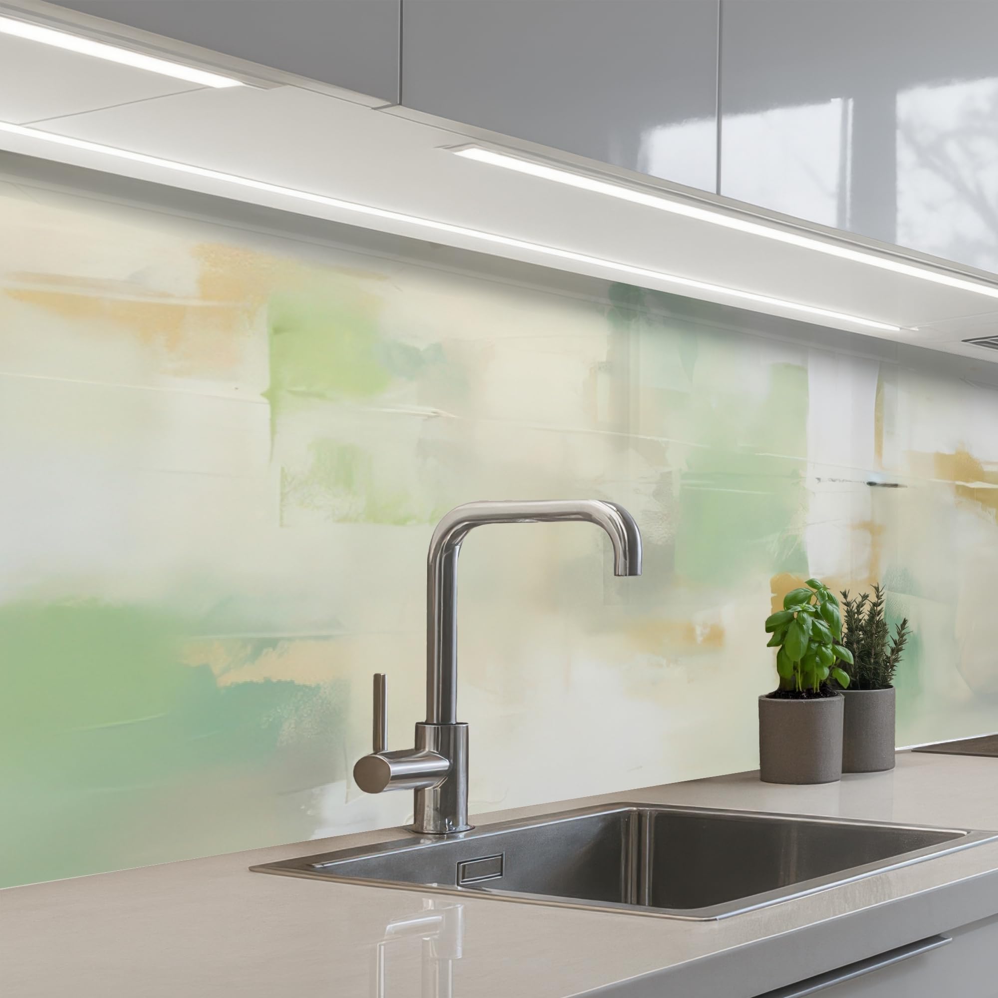 KitchenYeah© Antisalpicaduras Cocina 80x300 cm Adhesivo Salpicadero Protector Salpicaduras Kitchen Abstracto - Arte - Blanco - Verde - Moderno