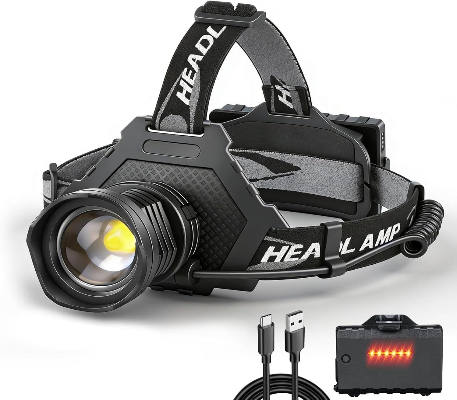 Bud K LED Headlamp USB Rechargeable, Head Lamp XHP70 Super Bright 90000 High Lumen with 5 Modes, Batteries Included, Zoomable, Waterproof Headlight for Camping Hunting Running Fishing Biking (Black)