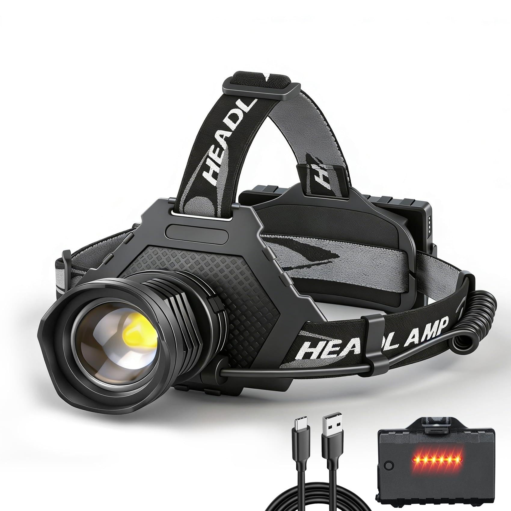 – LED Head Torch USB Rechargeable, Head Lamp XHP70 Super Bright 90000 High Lumen with 5 Modes, Batteries Included, Zoomable, Waterproof Headtorch for Camping Hunting Running Fishing Biking