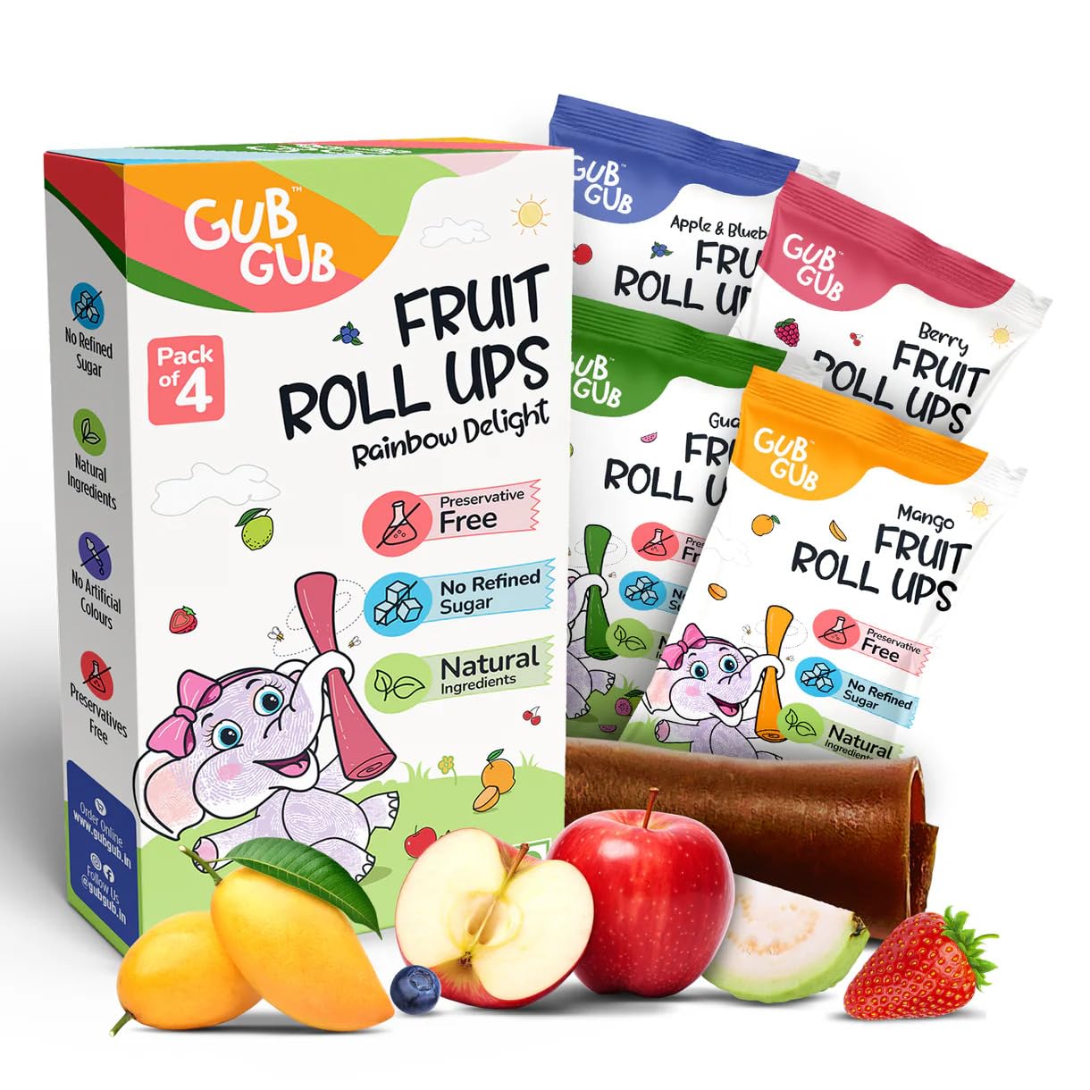GubGub Fruit Roll Ups | Pack Of 4 Flavours (15g each) | Fruit Snacks 60g Net Wt. | Healthy & Nutritious | Baby Snacks | Clean Ingredients | Made with Real Fruit Pulp. (Rainbow)-image-14