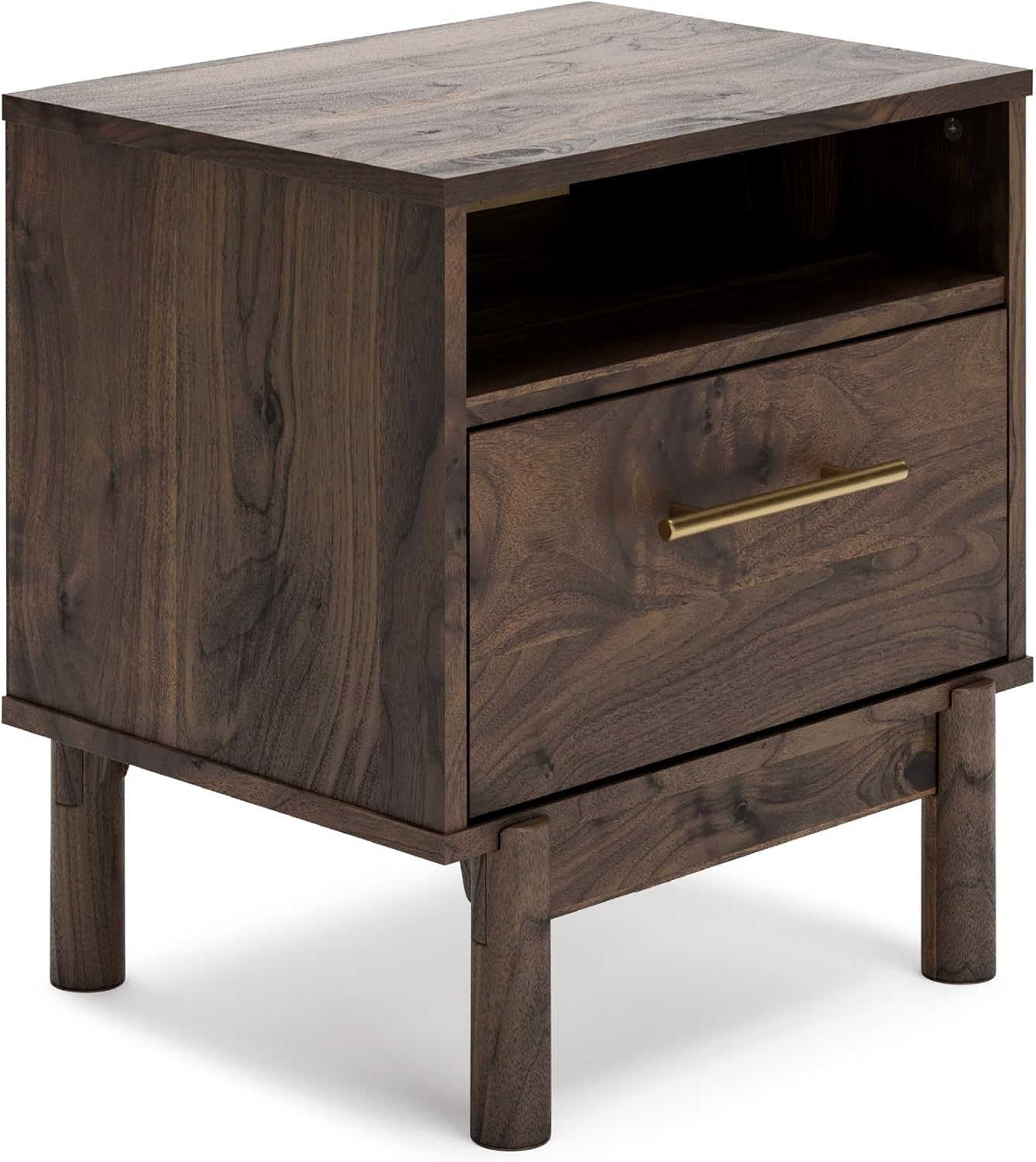 Signature Design by Ashley Calverson Modern 1 Drawer Nightstand with Open Cubby, 21.18" Tall, Dark Brown