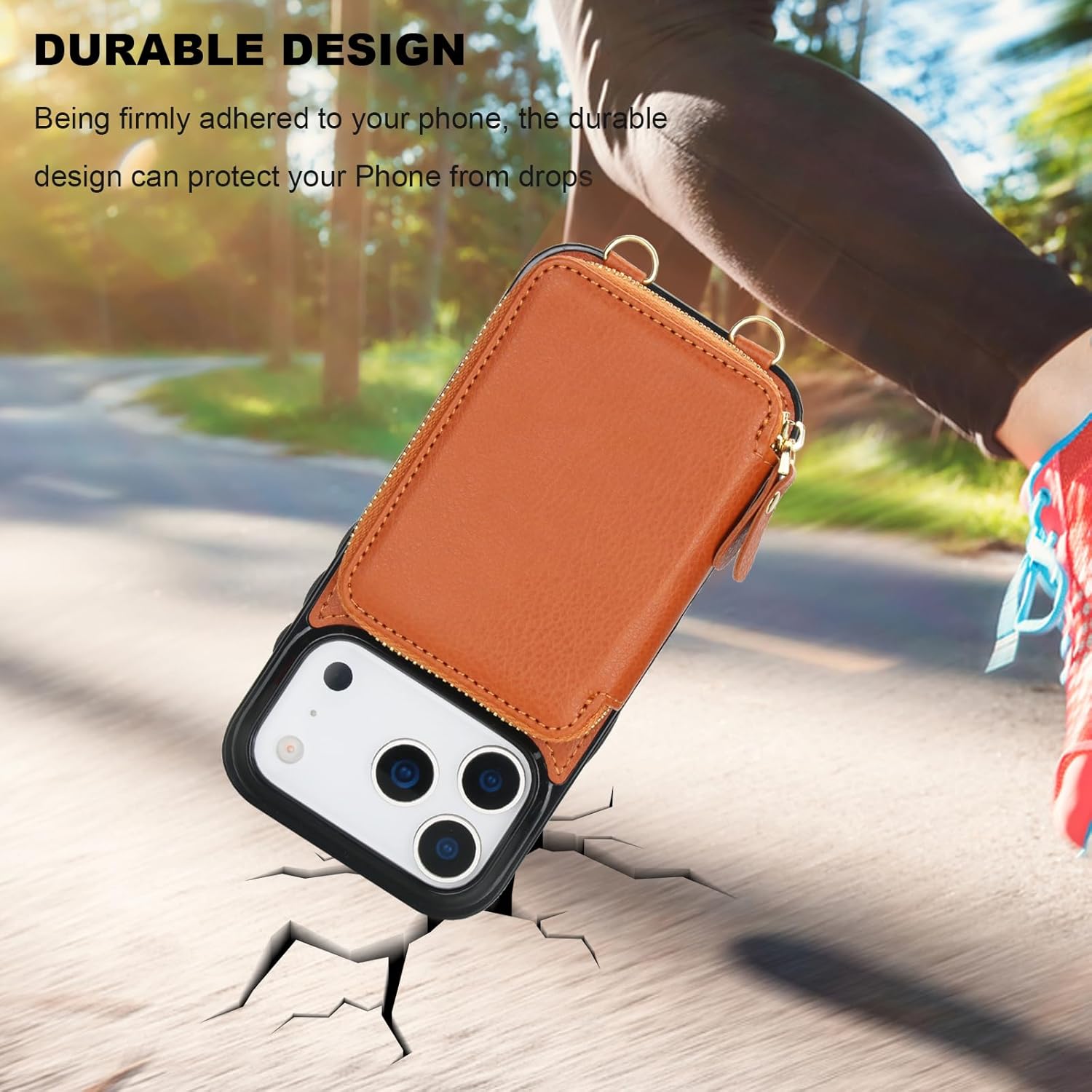 Bocasal Crossbody Wallet Case for iPhone 17 Pro, RFID Blocking Leather Purse Case with Card Holder, Protective Handbag Flip Cover with Zipper Wrist Strap Lanyard for Women 5G 6.3 Inch (Brown)