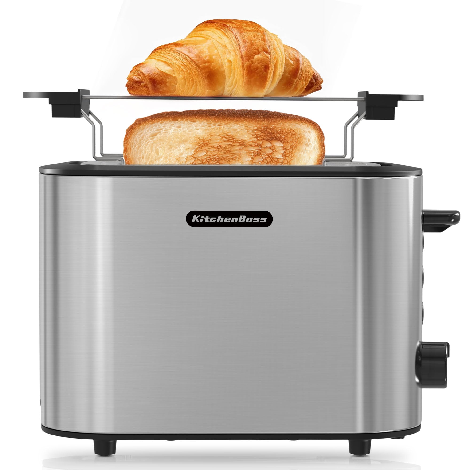 KitchenBoss Tostapane 2 Fette 870W：Toaster Acciaio Inox, 6 Livelli di Tostatura, Tostapane con Cassetto Raccoglibriciole e Griglia per il Pane
