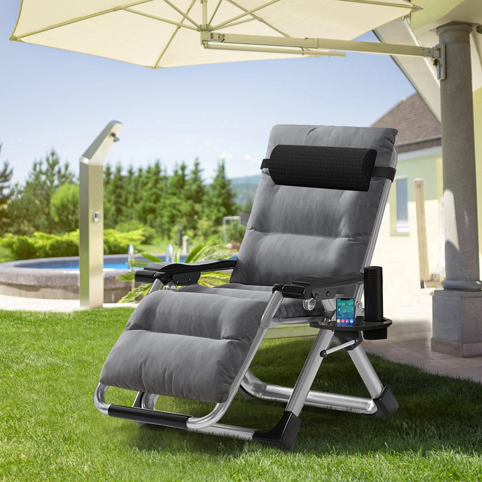 MOPHOTO Zero Gravity Chaise inclinable Pliante avec Coussinet et Poche latérale, Charge de 200 kg, Parfaite pour la Sieste, Le Salon, Le Balcon, Le Jardin, la terrasse（Gris Clair）
