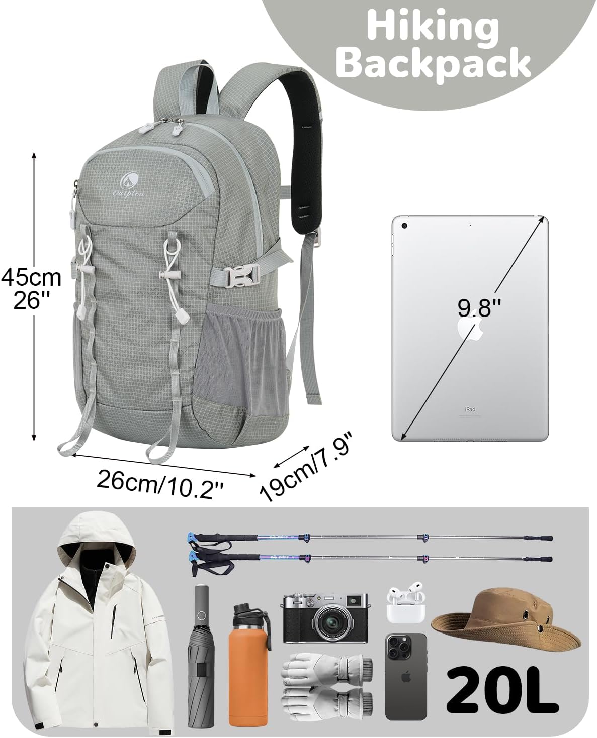 20L Small Waterproof Hiking Backpack Men Women, Lightweight Small Travel Backpack for Outdoor, Gray