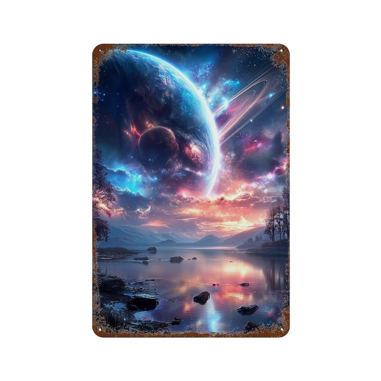 Galactic Reflections Celestial Lake Scene Retro Metal Sign 11.8"x7.9", Old School Wall Decor for Garage, Bar And Workshop Decor