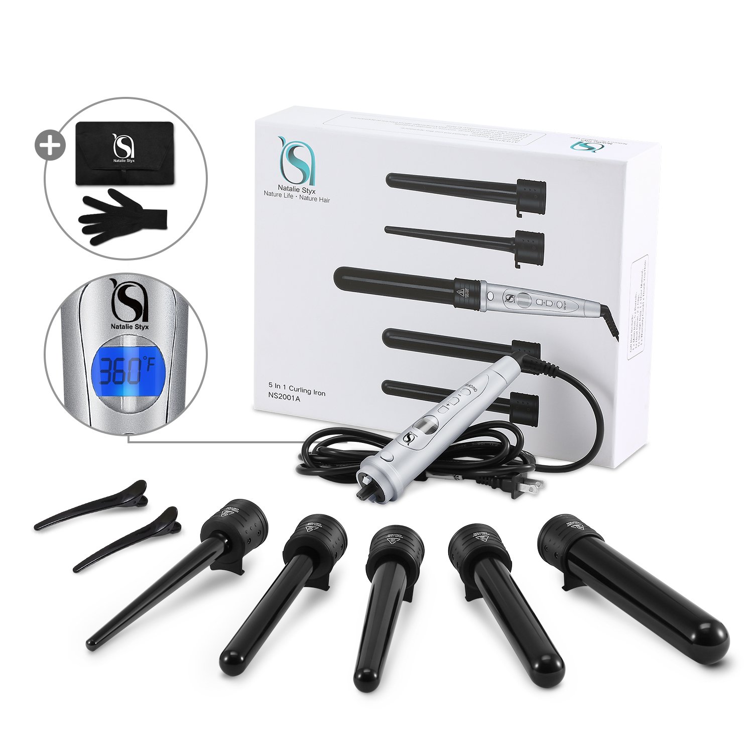 Curling Iron, Natalie Styx 5 in 1 Curling Wand Set with 5 Interchangeable Ceramic Barrels,Professional Hair Curler for Women-Dual Voltage 430 High Heat and Heat Pritective Glove & Clips & Carry Pouch