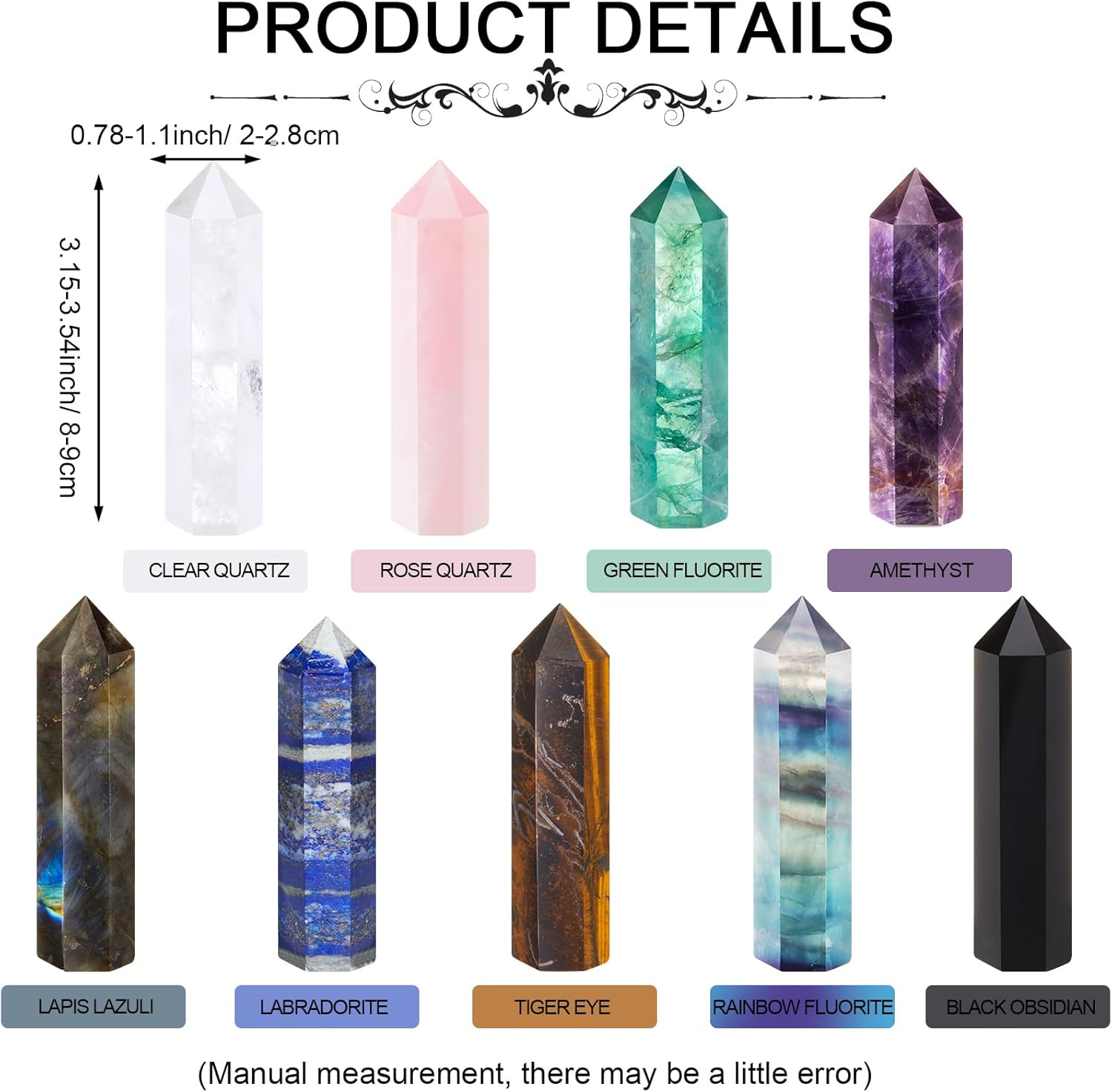 Junkin 9 Sets Healing Crystal Wand, Amethyst Rose Quartz Clear Quartz Tiger Eye Obsidian Fluorite Labradorite Lapis Lazuli for Meditation Crystal Therapy Reiki Supplies(Mixed Color,3.2-3.5 Inch)