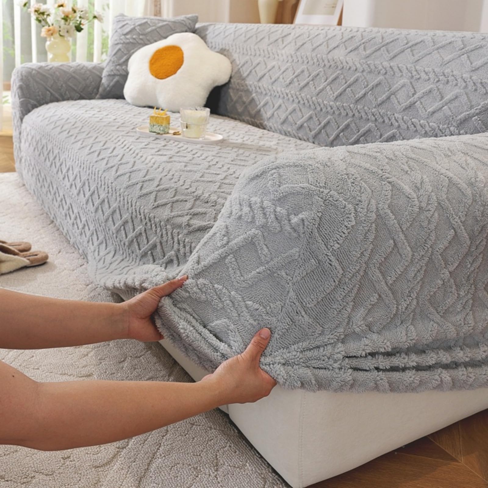 Odot Plush Sofa Cover,Cable Pattern High Stretch Sofa Cover 1/2/3/4/5 Seater, Breathable Garden Furniture Protector, Soft Non Slip Slipcovers for Living Room Furniture Protector (Anthracite,1 Seater)