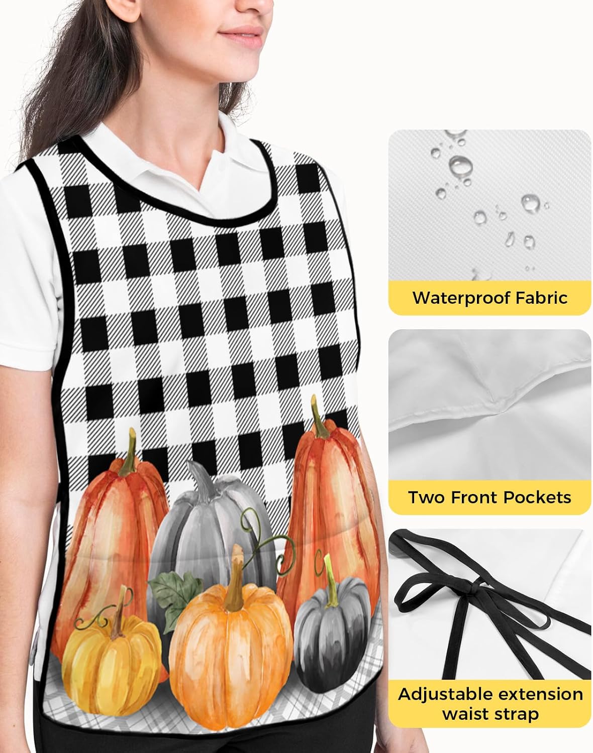 Double Love Retro Ches Cobbler Aprons with 2 Pockets for Women Men, Black White Checkered Flowers Red