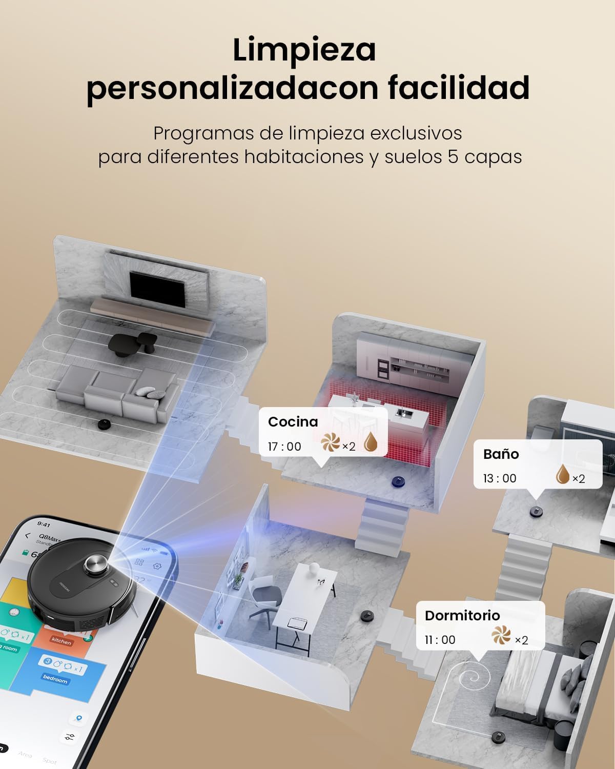 Proscenic Q8 MAX+ Robot Aspirador y Fregasuelos Potente 8000Pa/200 Min, con Navegación LDS y Auto-Evasión de Obstáculos, 3L Base de Autovaciado, por App/Remoto/Voz, Moqueta/Pelo de Mascotas/Suelos