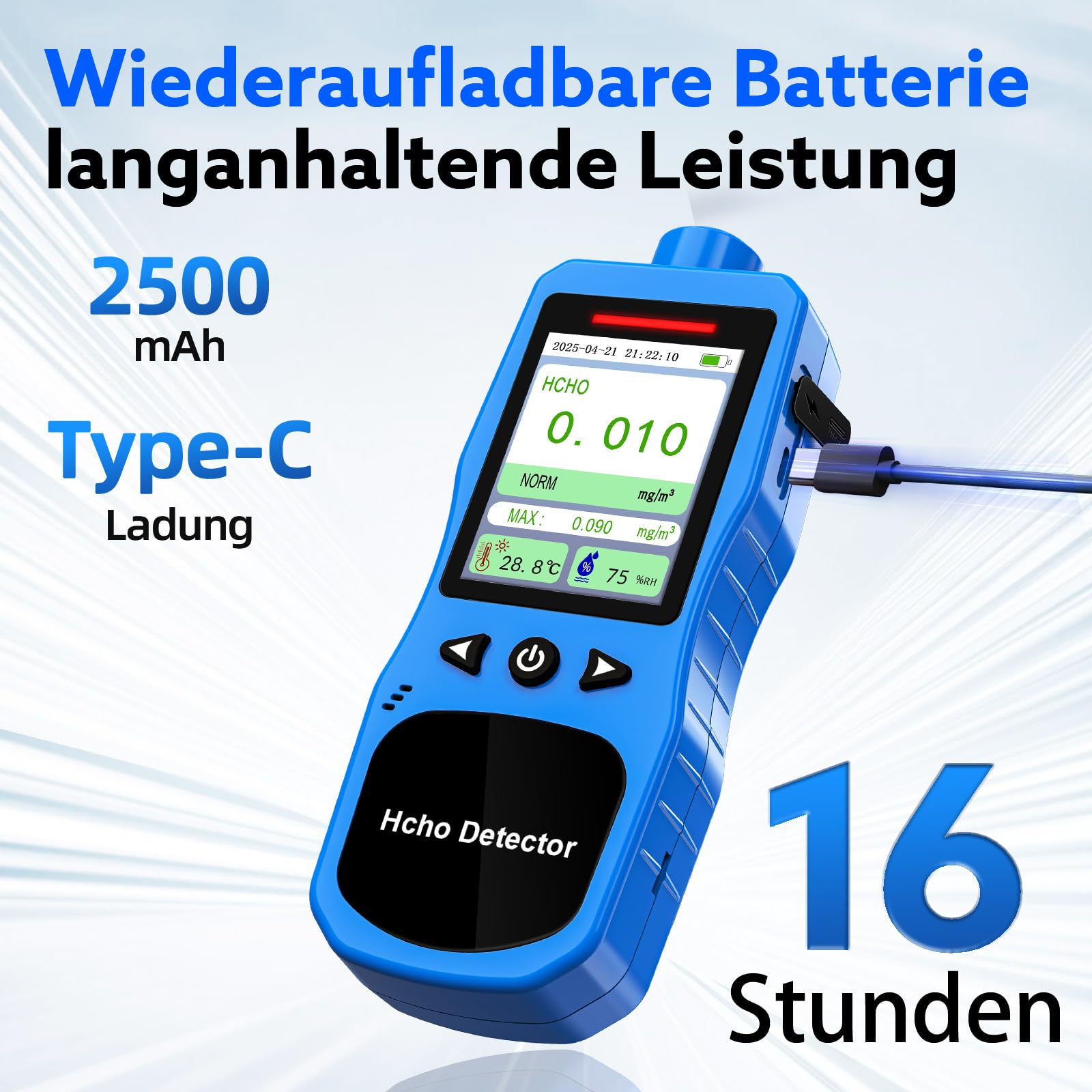 Formaldehyd Messgerät, Wiederaufladbarer HCHO Monitor mit Alarm, Temperatur und Luftfeuchtigkeitsmesser, Formaldehyd Detektor Luftqualitätsmesser für Zuhause und Arbeit