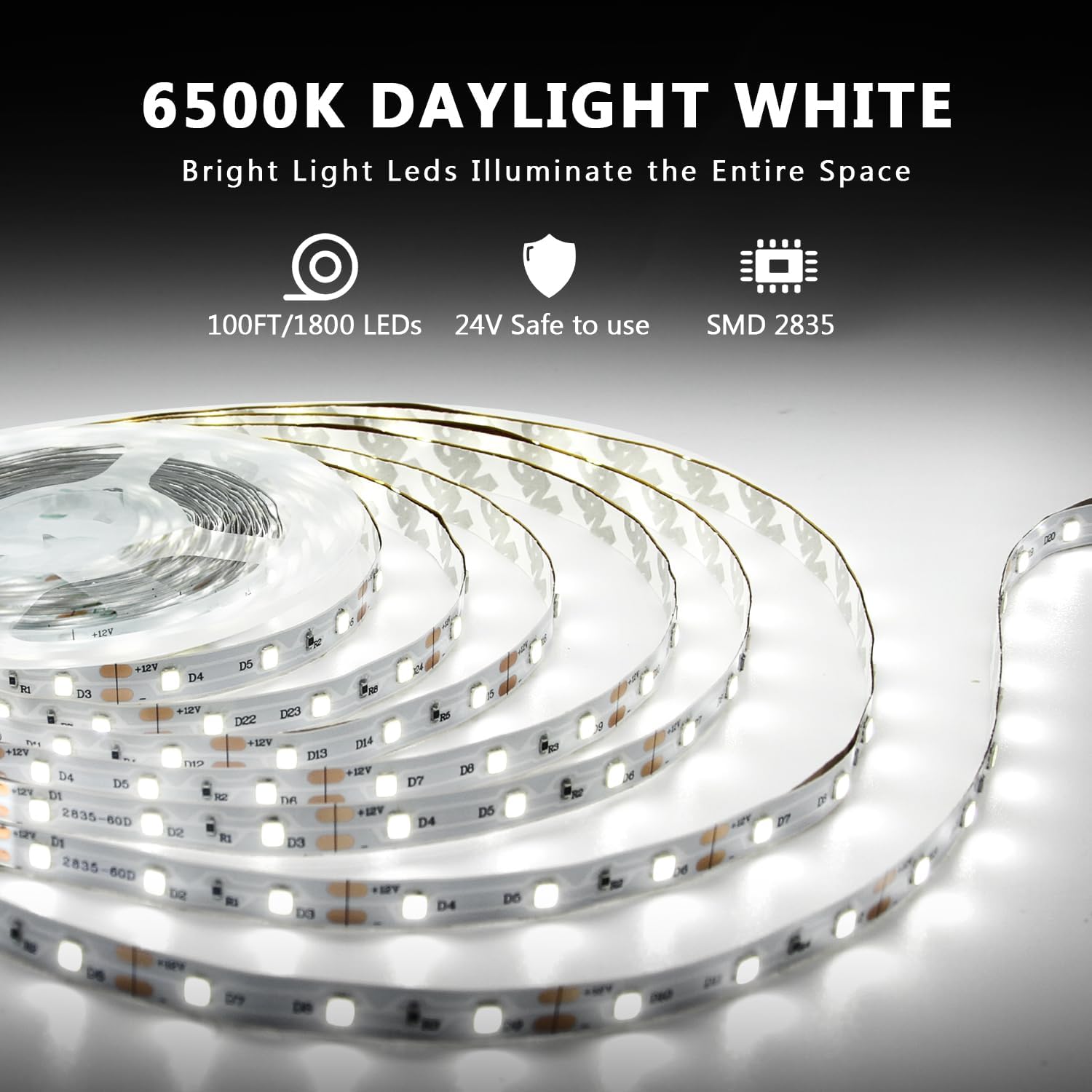 dalattin White LED Strip Lights 100ft, Dimmable Bright 24V Led Light Strip 6500K Daylight White 1800 LEDs Lights for Bedroom, Mirror, Kitchen, Strong Adhesive, 2 roll of 50ft - Image 2