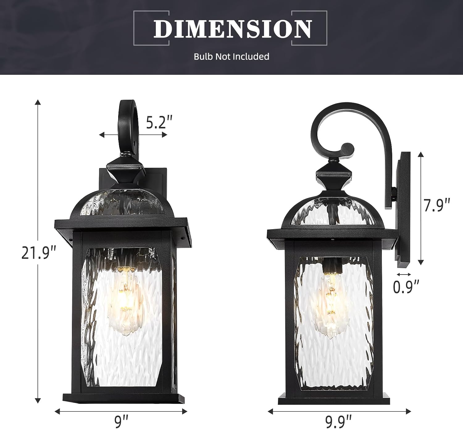 zeyu Large Outdoor Wall Fixture Lights, 22 Inch Exterior Porch Wall Lantern for Patio Porch, Die-Cast Aluminum with Water Ripple Glass, Black Finish, ZD100B-M BK-WP