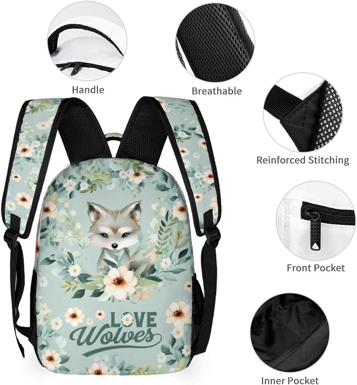 Wolf Backpack with Lunch Box & Pencil Case for Kids Girls Boys School, 16 Inch Cute Wolf Bookbag, School Backpack for Students Children, Lightweight, Large Capacity - Image 3