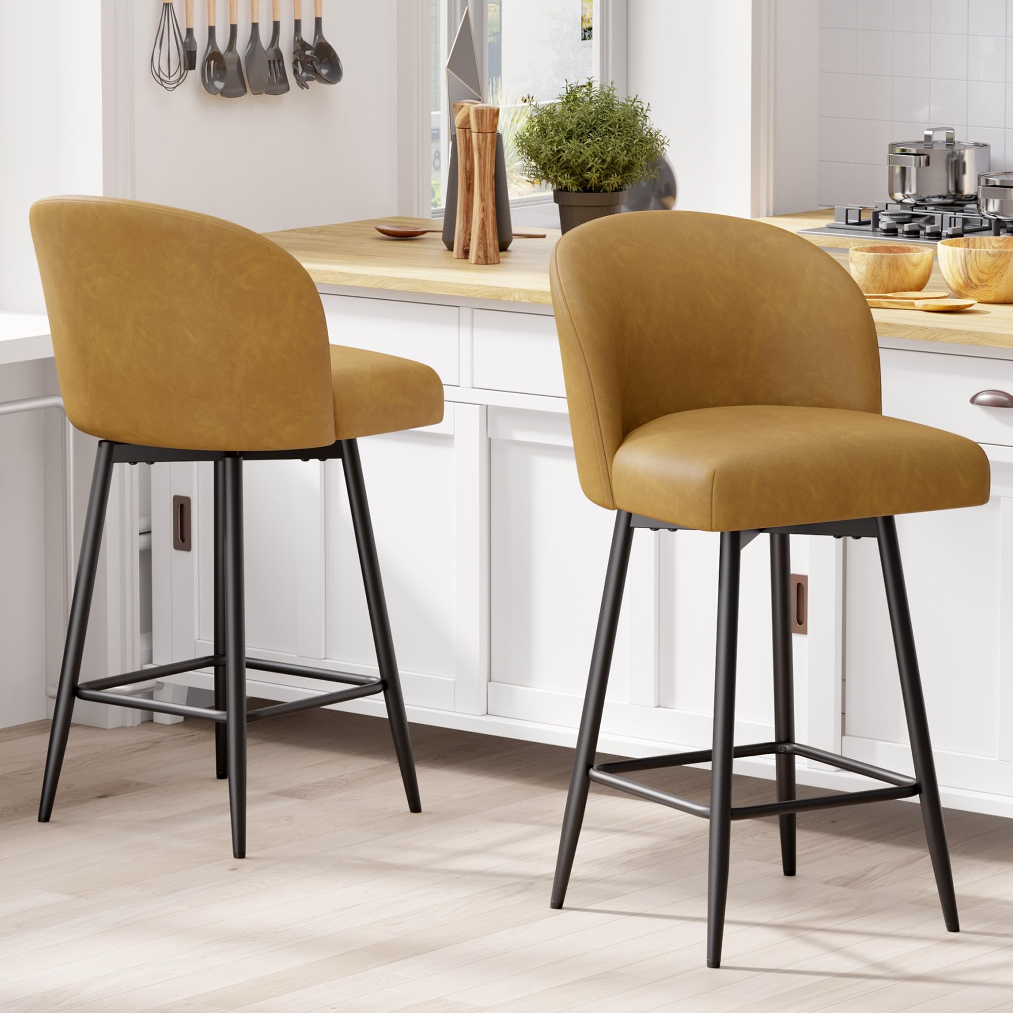 Daluvenix Counter Height Bar Stools Set of 2,360° Swivel Barstools with High Back and Metal Legs,26" Seat Height, Upholstered PU Leather Bar Chairs