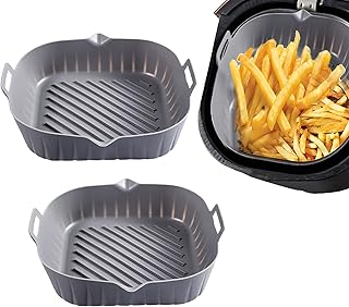 MEQUER Silicone Air Fryer Liners Reusable Air Fryer Liners 2PCS 7.8 Inch Square Air Fryer Accessories Reusable Air Fryer Basket Replacement of Parchment Paper Liner (Grey)