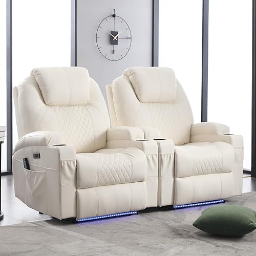 AHMED Power Recliner Chair, Home Theater Seating with LED Ambient Lighting, PU Leather Lazy Sofa Heat Massage Chair with Cup Holders/Side Pockets/USB Ports for Living Room, Beige, Set of 2