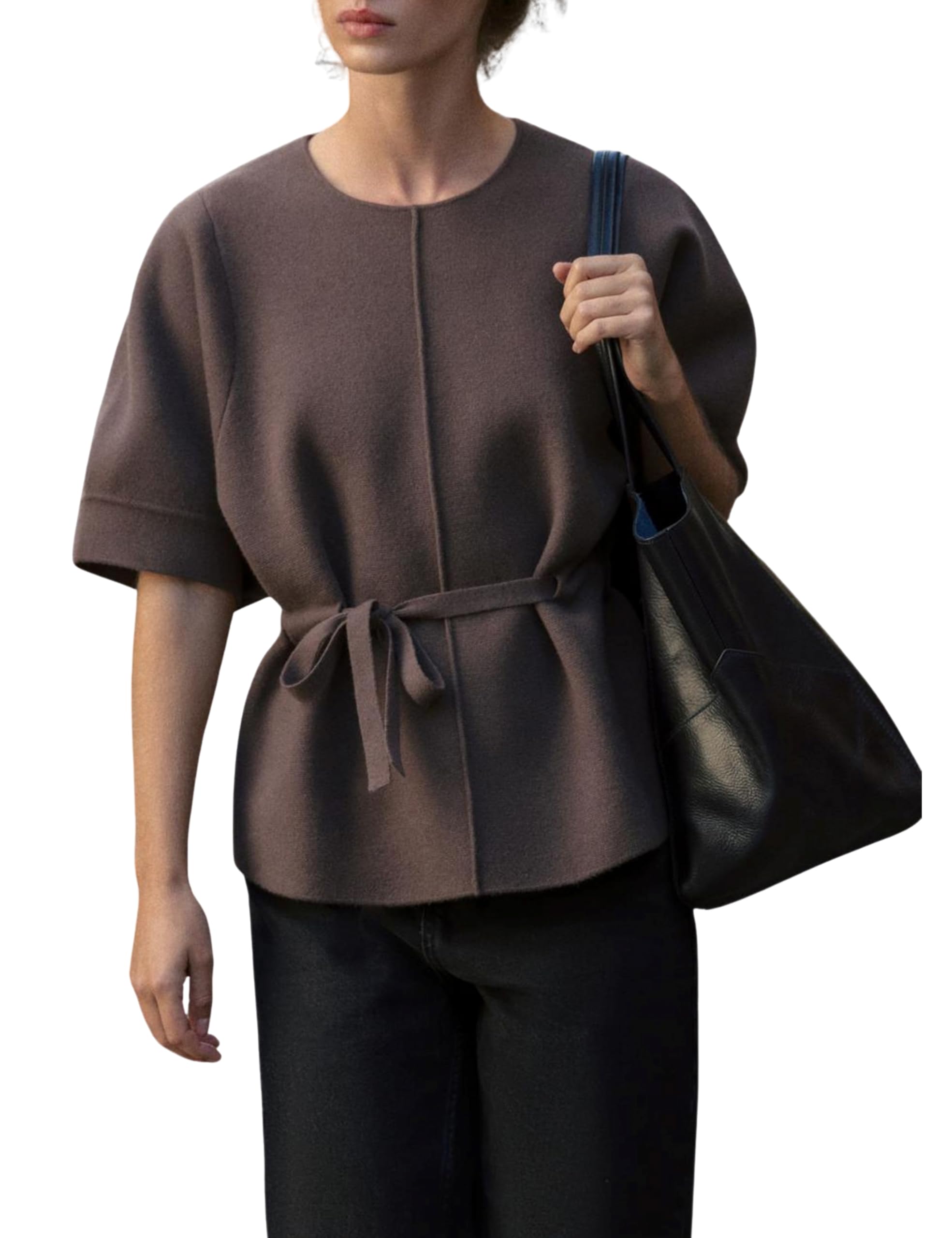 Zhiyouni Womens Short Sleeves Sweater Round Neck Belted Knit Peplum Tops Jumper Pullover