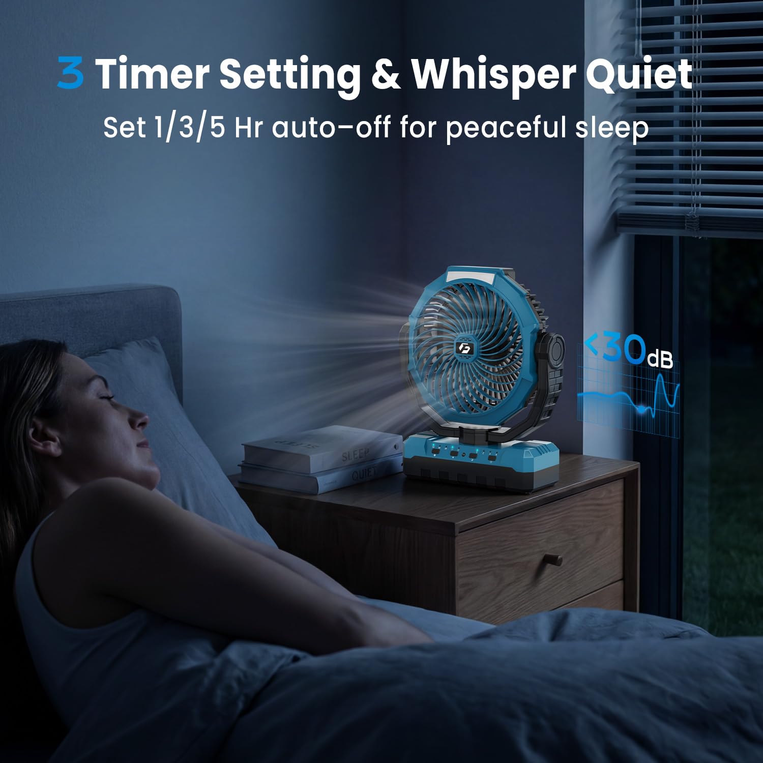 FRIZCOL Ventilatore da campeggio 3 in 1, portatile, ricaricabile, 24000 mAh, alimentato a batteria, con luce, per interni, esterni, tenda, viaggi, pesca, cantiere, regali per uomini, papà, lui, blu