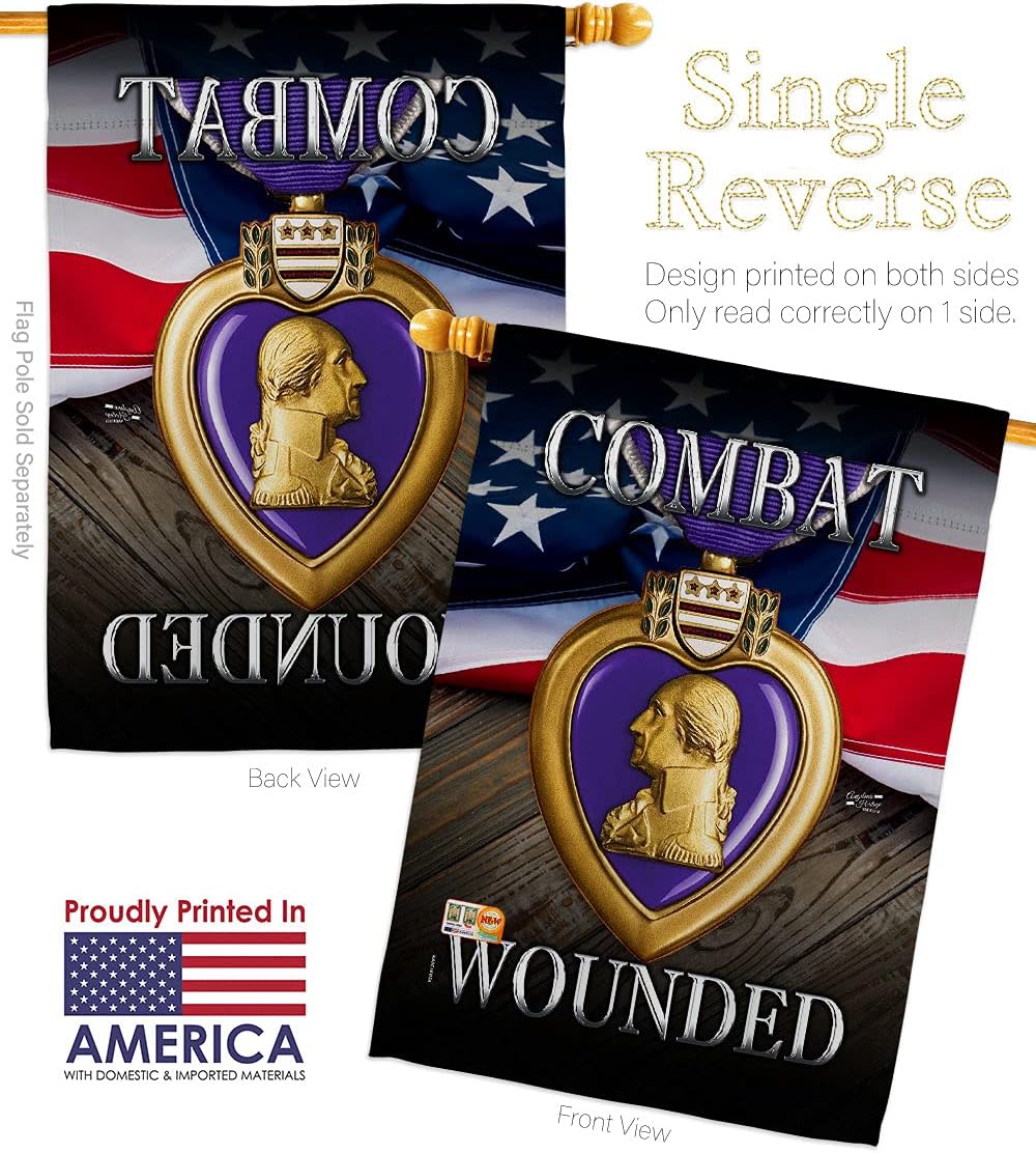 Purple Heart Combat Wounded House Flag Dowel Set Armed Forces Military Service All Branches Support Honor United State American Veteran Official Small Gift Yard Banner 28 X 40