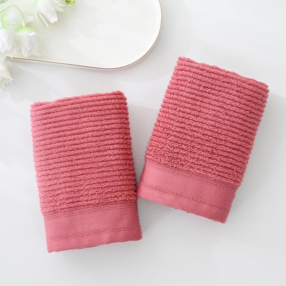 YiLUOMO Pink Hand Towel Set of 2 Ribbed Striped 100% Cotton Quick Dry Soft and Absorbent Bathroom Decorative Hand Towel 13 x 29 Inch - Image 3