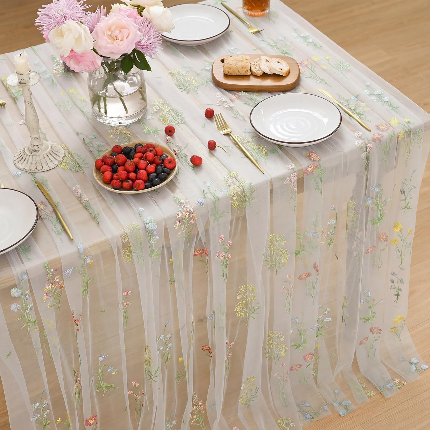 Horaldaily White Embroidery Floral Gauze Tablecloth 60x84 Inch Rectangular - Tulle Table Cover for Weddings, Parties, Garden Decor