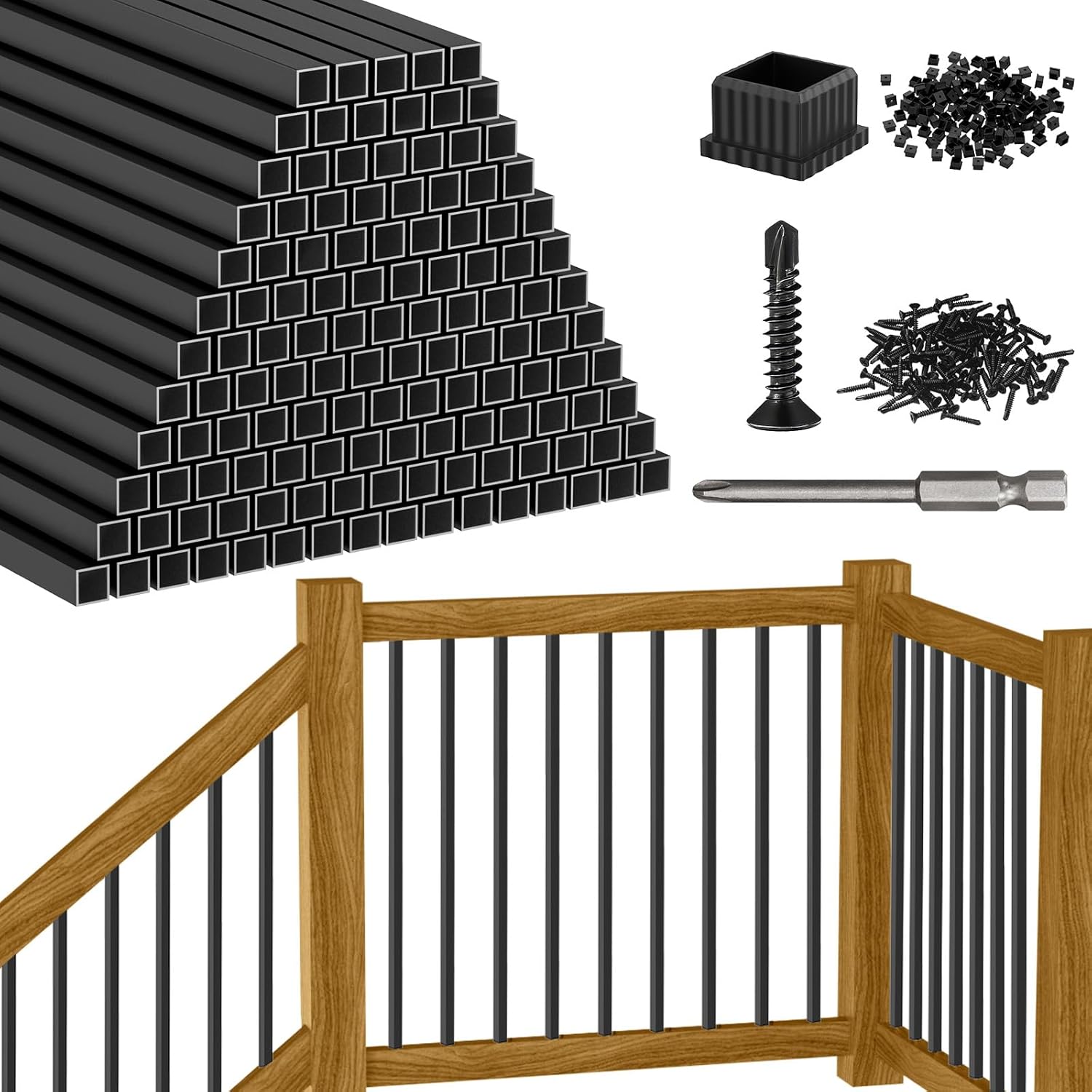 CKE 26" Square Deck Balusters, 120 Packs Black Aluminum Deck Balusters for Wood and Composite Deck Railings with Screws & Balusters Conectors, 3/4" Diameter Hollow Square Aluminum Deck Spindles S26
