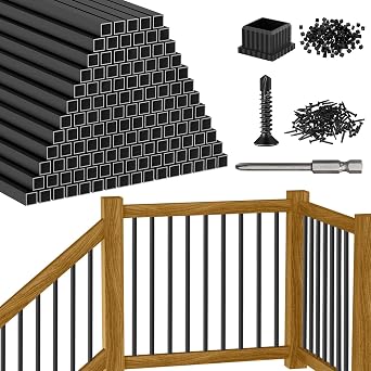 CKE 26" Square Deck Balusters, 120 Packs Black Aluminum Deck Balusters for Wood and Composite Deck Railings with Screws & Balusters Conectors, 3/4" Diameter Hollow Square Aluminum Deck Spindles S26