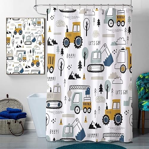 Miniatura 3 de Juego de 4 cortinas de ducha con diseño de camión de construcción, excavadora de dibujos animados, maquinaria, automóviles, decoración moderna para