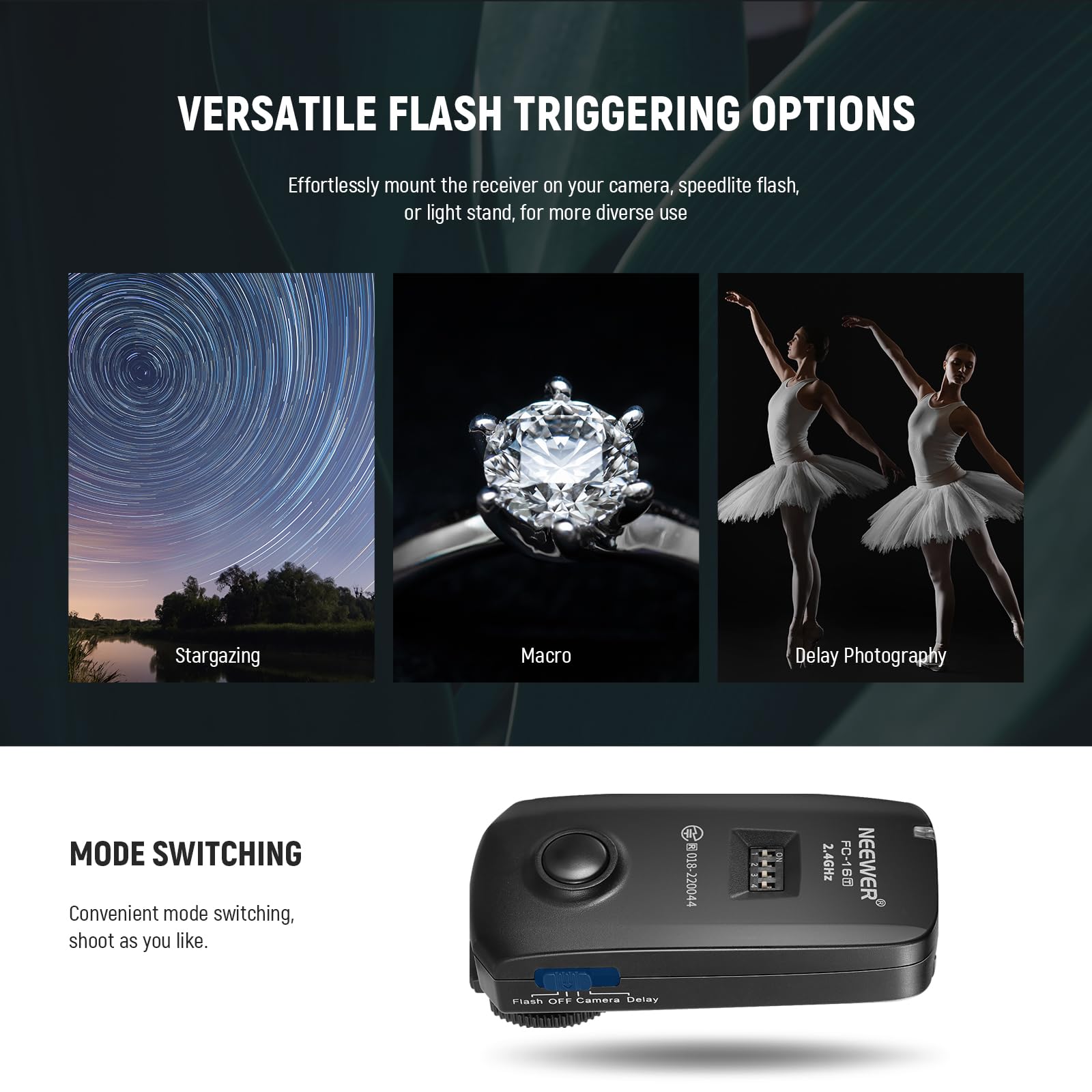 NEEWER FC-16 2,4G Disparador Flash Estudio con Obturador Cámara Inalámbrico con Dos Receptores, Compatible con Canon Rebel T3 XS T4i T3i T2i Xsi EOS 1100D Mark IV 1D Mark III 5D Mark III 5D